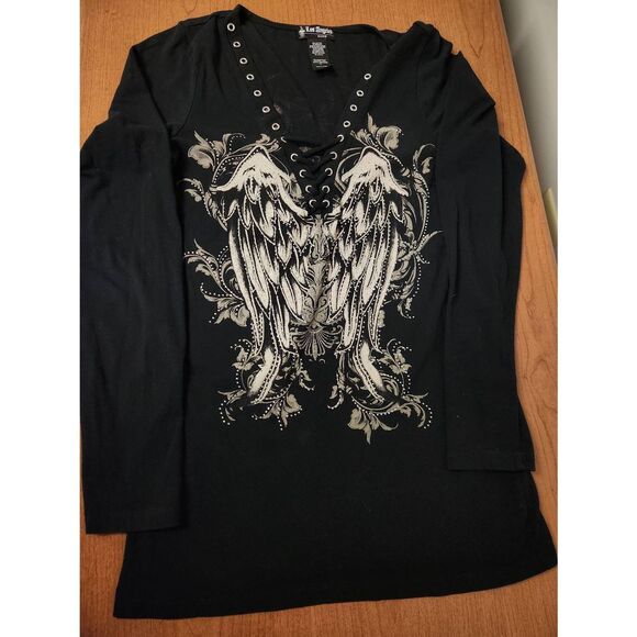 Los Angeles large black long sleeved top with Angel wings on front and back - Picture 1 of 6